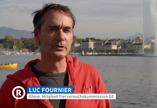 Screenshot aus einem Rundschaubeitrag. Luc Fournier, der ehemalige Präsident der LSCV, spricht als ehemaliges Mitglied der Tierversuchskomission. Im Hintergrund ist der Genfersee und der Jet d'eau zu sehen.