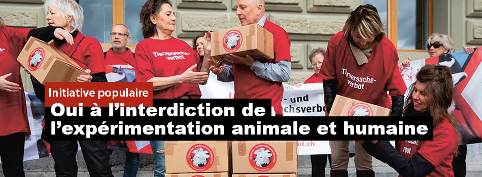 Sur l'image il y a multiples personnes avec le shirt rouge de l'initiative au interdiction de l'experiméntation animale et humaine. Iels portant les cartons avec les signatures devant le palais fédèral pour deponner les signatures. Dans une boxe rouge il y a le texte "Initiative populaire" et dons une boxe noir le texte "Oui a l'interdiction de l'experimentation animale et humaine.