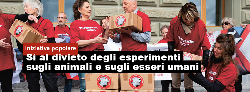 Nella foto ci sono diverse persone che indossano le magliette rosse dell'iniziativa. Stanno portando le scatole con le firme al Palazzo Federale per depositarle. Una piastrella rossa dice "Iniziativa popolare" e una scatola nera dice: "Sì al divieto della sperimentazione animale e umana".