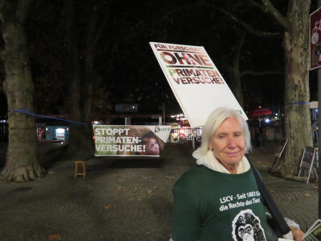 Eine Aktivistin steht auf dem Trottoir und hält ein A2 Schild mit der Aufschrift "Für Forschung ohne Primatenversuche!" sowie "LSCV" in den Händen. Am Boden liegen weitere Transparente mit denselben Motiven, rundherum sind einzelne Passant*innen. Alle Aktivist*innen tragen einen weissen Schutzanzug und ein grünes LSCV-Shirt.