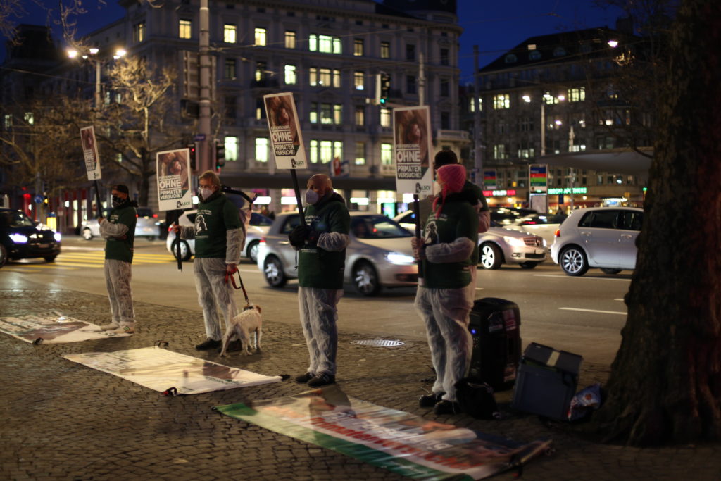 Aktivist*innen stehen auf dem Trottoir und halten A2 Schilder mit der Aufschrift "Für Forschung ohne Primatenversuche!" sowie "LSCV" in den Händen. Am Boden liegen weitere Transparente mit denselben Motiven. Alle Aktivist*innen tragen einen weissen Schutzanzug, ein grünes LSCV-Shirt und eine Mund-Nasen-Abdeckung.