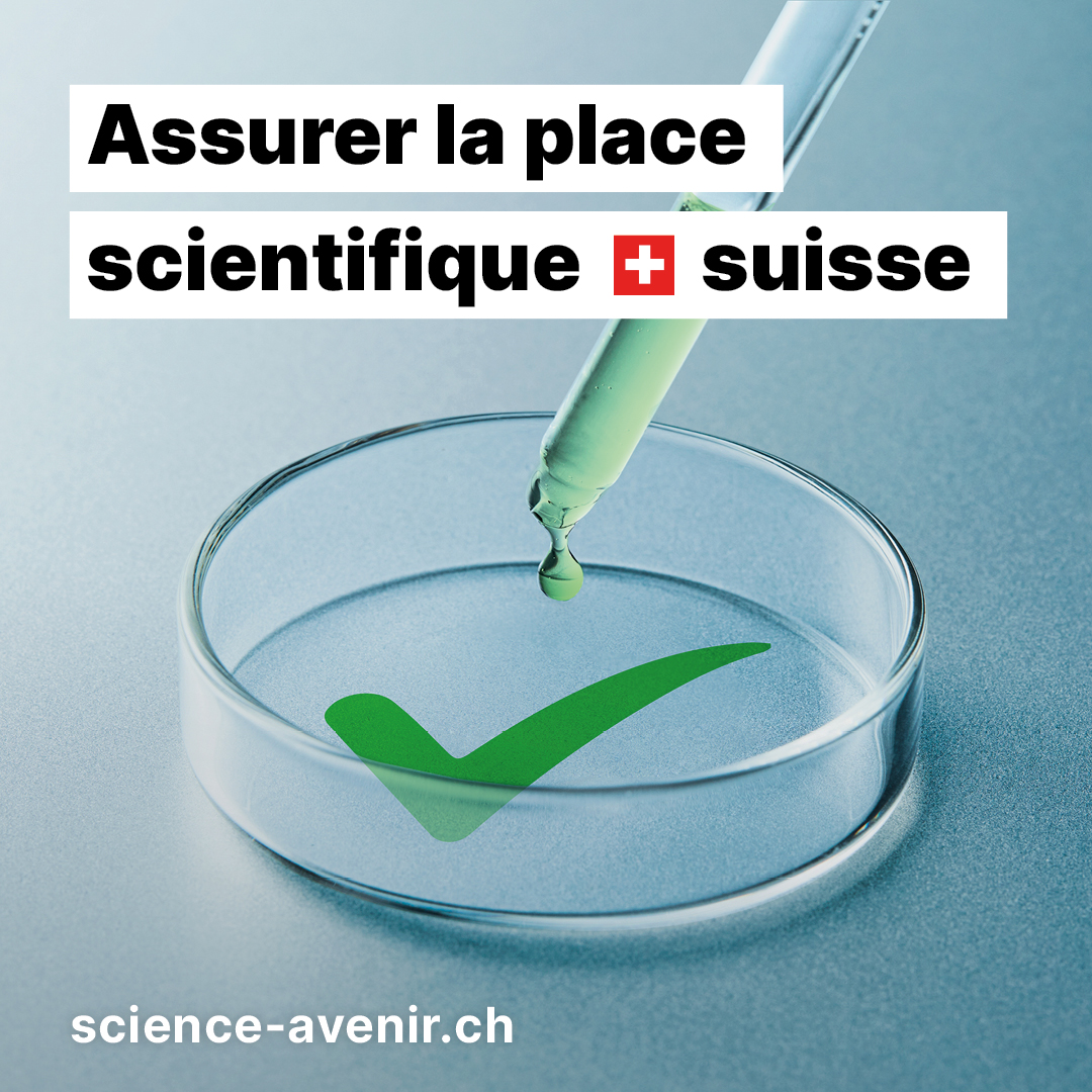 Une pipette dépose une goutte de liquide vert dans une boîte de Pétri, où se forme un crochet vert. A côté, le texte "Assurer la place scientifique suisse" En bas, l'URL www.science-avenir.ch