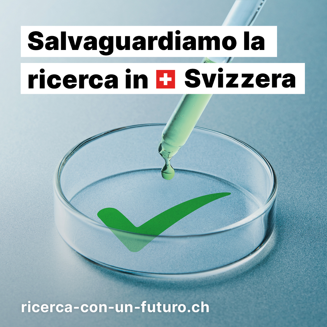 Una pipetta versa una goccia di liquido verde in una capsula di Petri, dove si forma un uncino verde. Accanto il testo "La Svizzera sicura come luogo di ricerca" Sotto l'URL www.forschung-mit-zukunft.ch