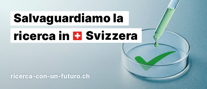 Una pipetta versa una goccia di liquido verde in una capsula di Petri, dove si forma un uncino verde. Accanto il testo "La Svizzera sicura come luogo di ricerca" Sotto l'URL www.forschung-mit-zukunft.ch