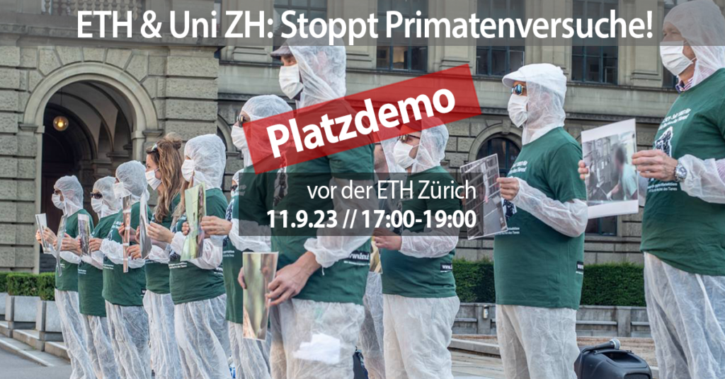 Zwei Kacheln dominieren die Mitte des Bildes mit dem Datum, Zeit und Ort des Protests. Auf dem Bild dahinder ist folgendes Motiv: Aktivist*innen halten A3 Schilder mit Fotos von Affen in Gefangenschaft und Freiheit in den Händen. Alle Aktivist*innen tragen eine Mund-Nasenbedeckung, einen weissen Schutzanzug und ein grünes LSCV-Shirt. Im Hintergrund ist das Hauptgebäude der ETH Zürich zu sehen.