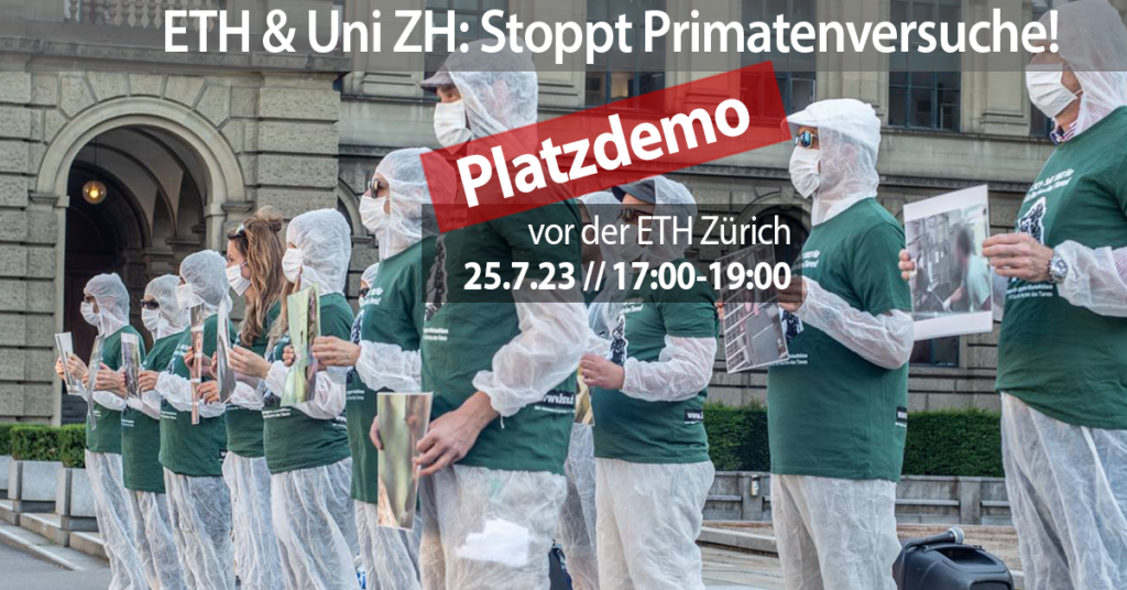 Zwei Kacheln dominieren die Mitte des Bildes mit dem Datum, Zeit und Ort des Protests. Auf dem Bild dahinder ist folgendes Motiv: Aktivist*innen halten A3 Schilder mit Fotos von Affen in Gefangenschaft und Freiheit in den Händen. Alle Aktivist*innen tragen eine Mund-Nasenbedeckung, einen weissen Schutzanzug und ein grünes LSCV-Shirt. Im Hintergrund ist das Hauptgebäude der ETH Zürich zu sehen.