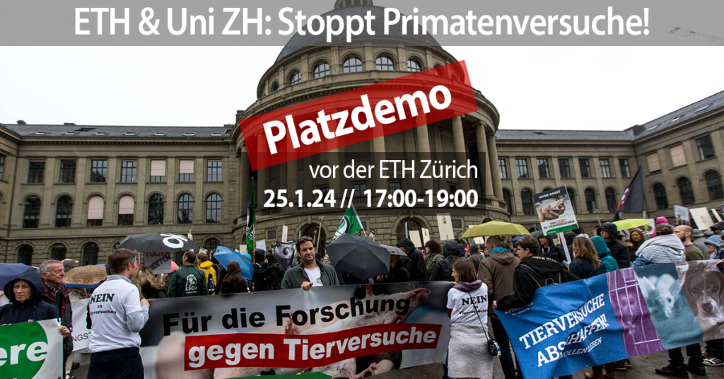 Zwei Kacheln dominieren die Mitte des Bildes mit dem Datum, Zeit und Ort des Protests. Auf dem Bild dahinder ist folgendes Motiv: Eine Demo mit hunderten von Menschen gegen Tierversuche vor dem Hauptgebäude der ETH Zürich.