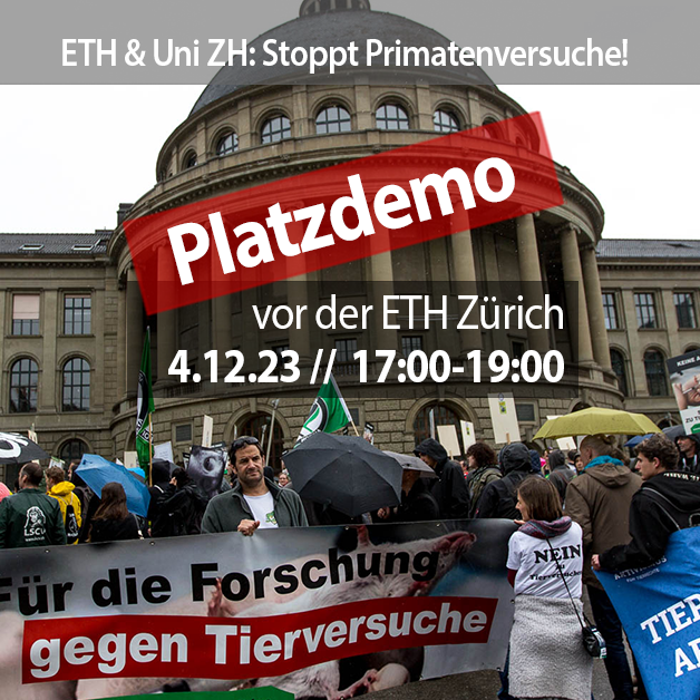 Zwei Kacheln dominieren die Mitte des Bildes mit dem Datum, Zeit und Ort des Protests. Auf dem Bild dahinder ist folgendes Motiv: Eine Demo mit hunderten von Menschen gegen Tierversuche vor dem Hauptgebäude der ETH Zürich.